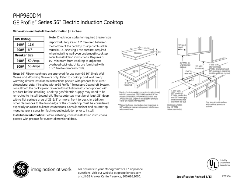 Page 1 of the manual Technical Sheet GE Profile PHP960DMBB