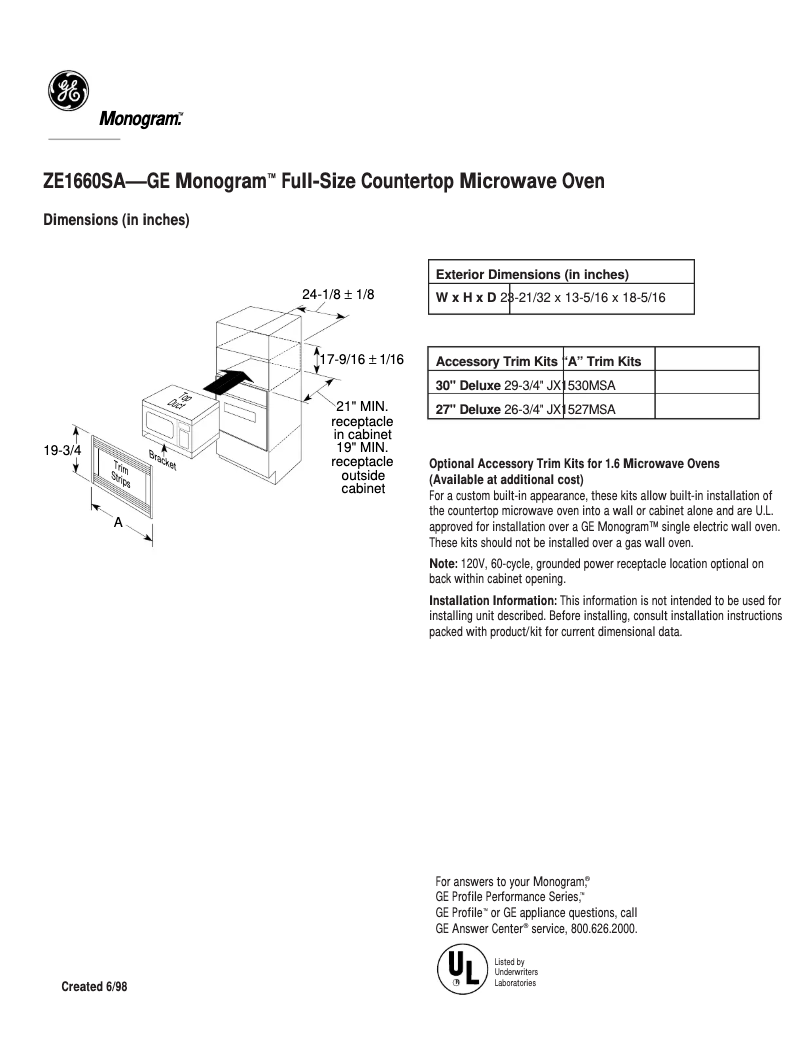Page 1 of the manual Technical Sheet GE ZE1660SA