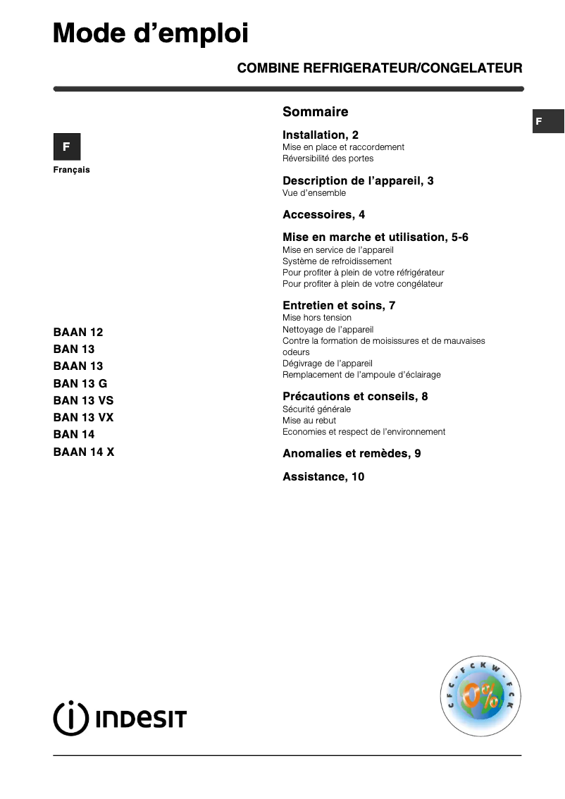 Page 1 de la notice Manuel utilisateur Indesit BAN 13 VX (FR)
