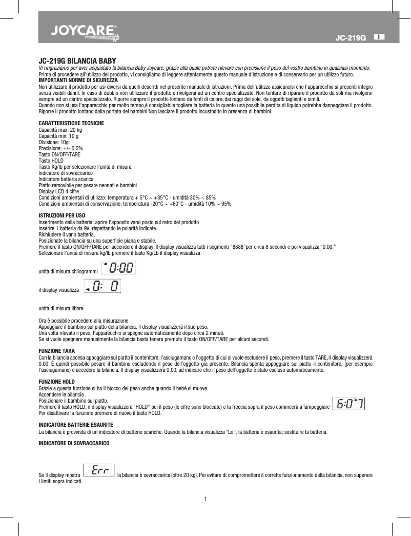 Page 1 de la notice Manuel utilisateur Joycare JC-219G