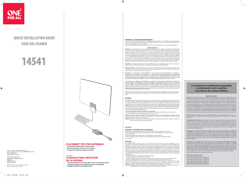 Page 1 de la notice Manuel utilisateur One for all 14551