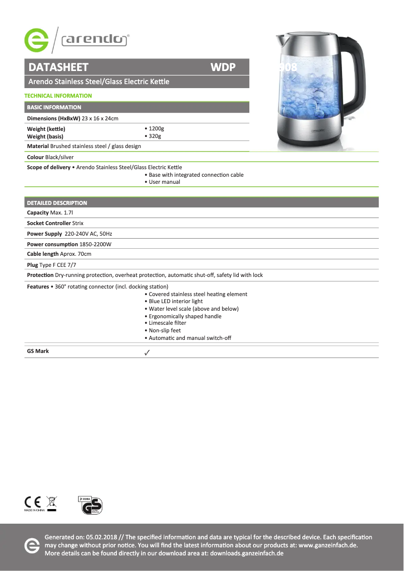 Page 1 de la notice Fiche technique Arendo PRIMEWATER 300908