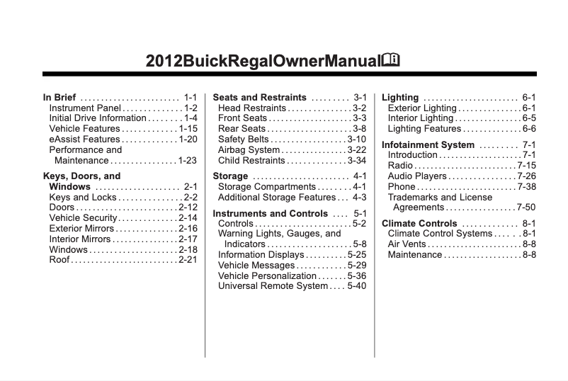Page 1 de la notice Manuel utilisateur Buick Regal (2012)