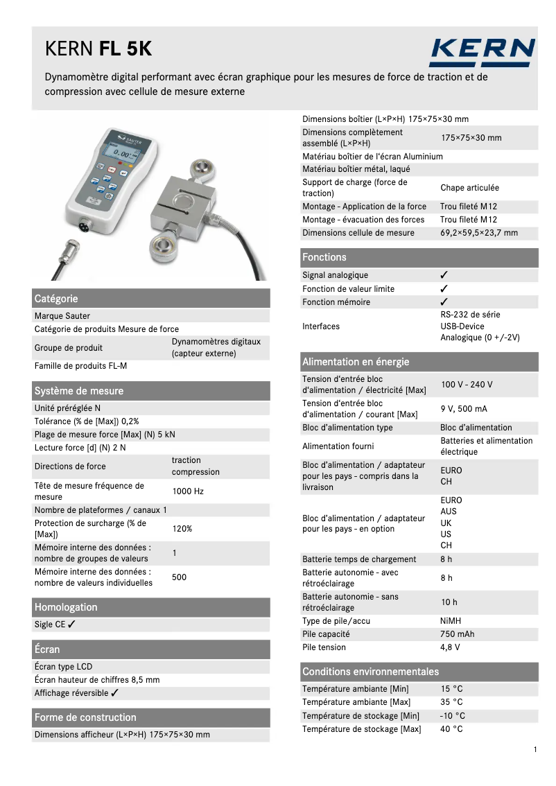 Page 1 de la notice Fiche technique Kern FL 5K