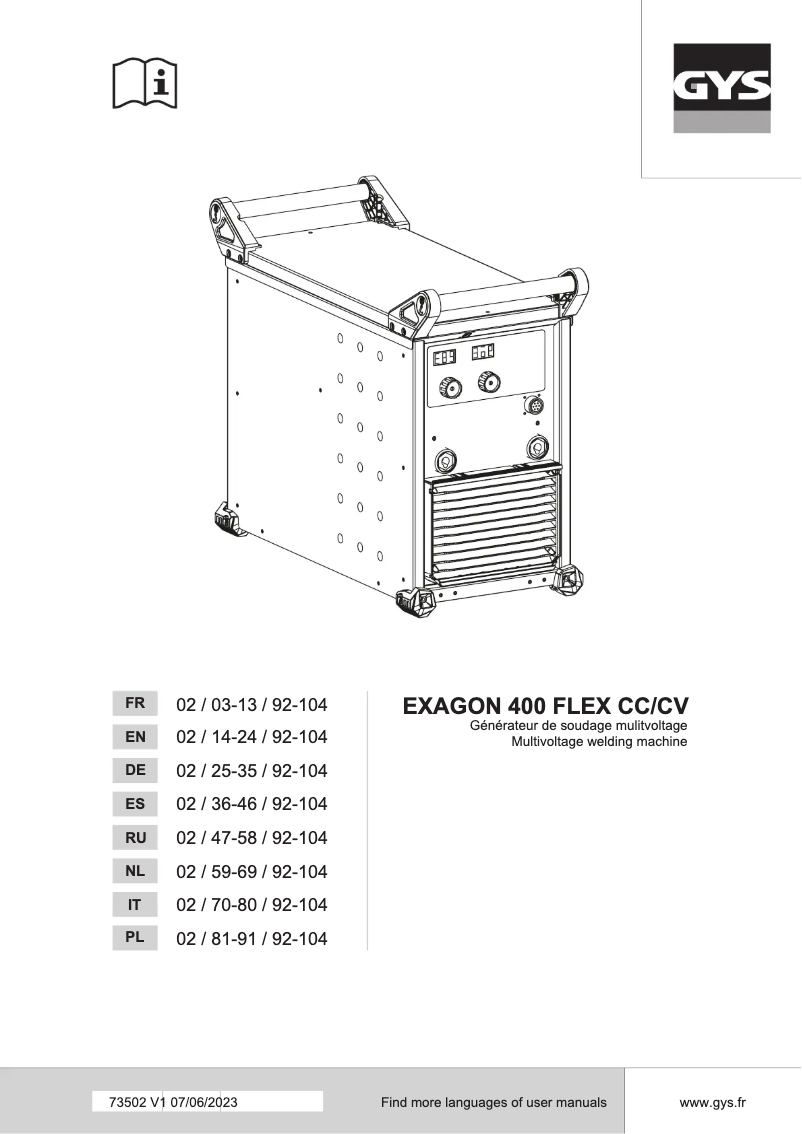 Page n°1 - Manuel utilisateur GYS Exagon 400 Flex CC/CV