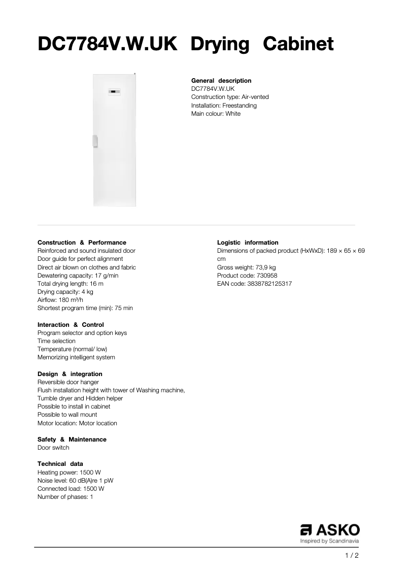 Page n°1 - Fiche technique Asko DC7784V.W.UK