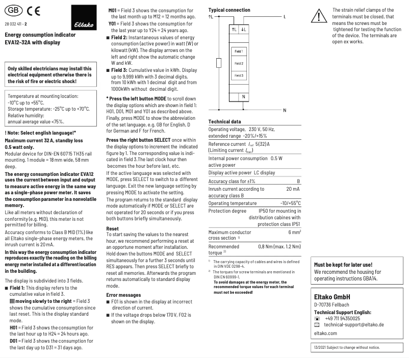 Page 1 de la notice Manuel utilisateur Eltako EVA12-32A