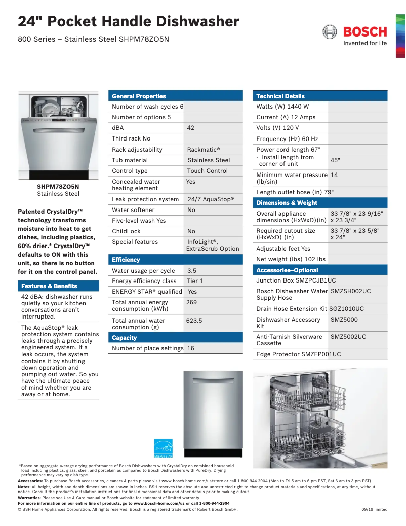 Page n°1 - Fiche technique Bosch SHPM78ZO5N