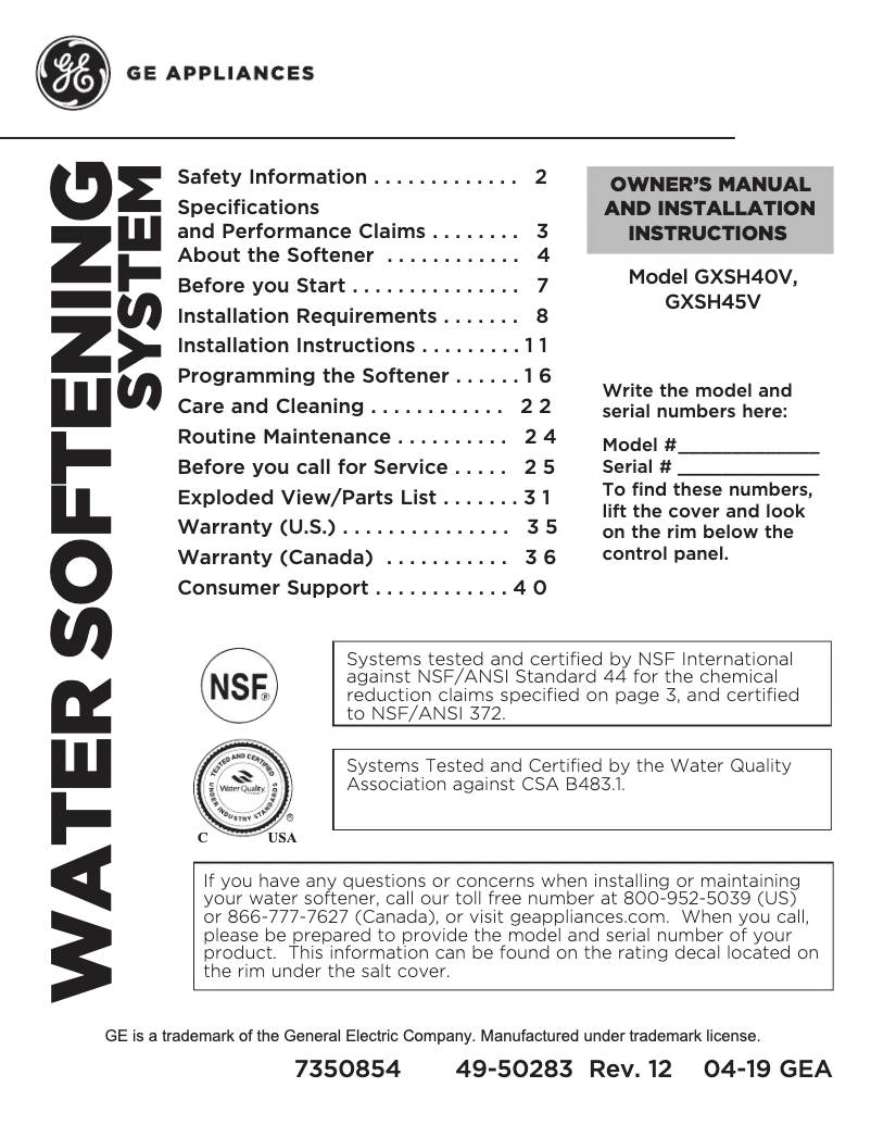 Page 1 de la notice Manuel d'utilisation et d'entretien GE GXSH40V