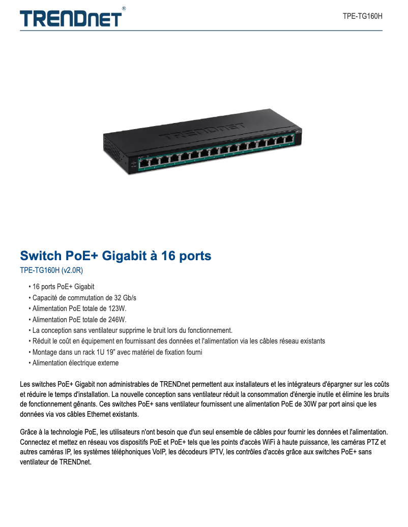 Page 1 de la notice Fiche technique TRENDnet TPE-TG160H