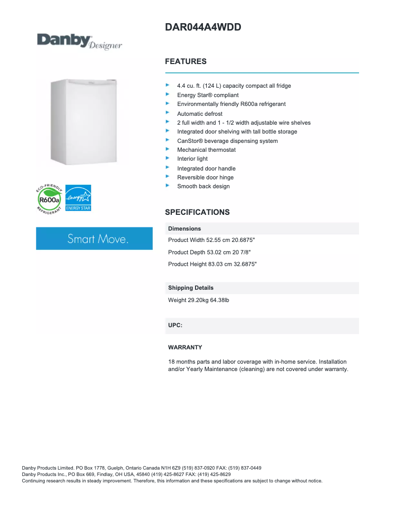 Página 1 del manual Ficha técnica Danby DAR044A4