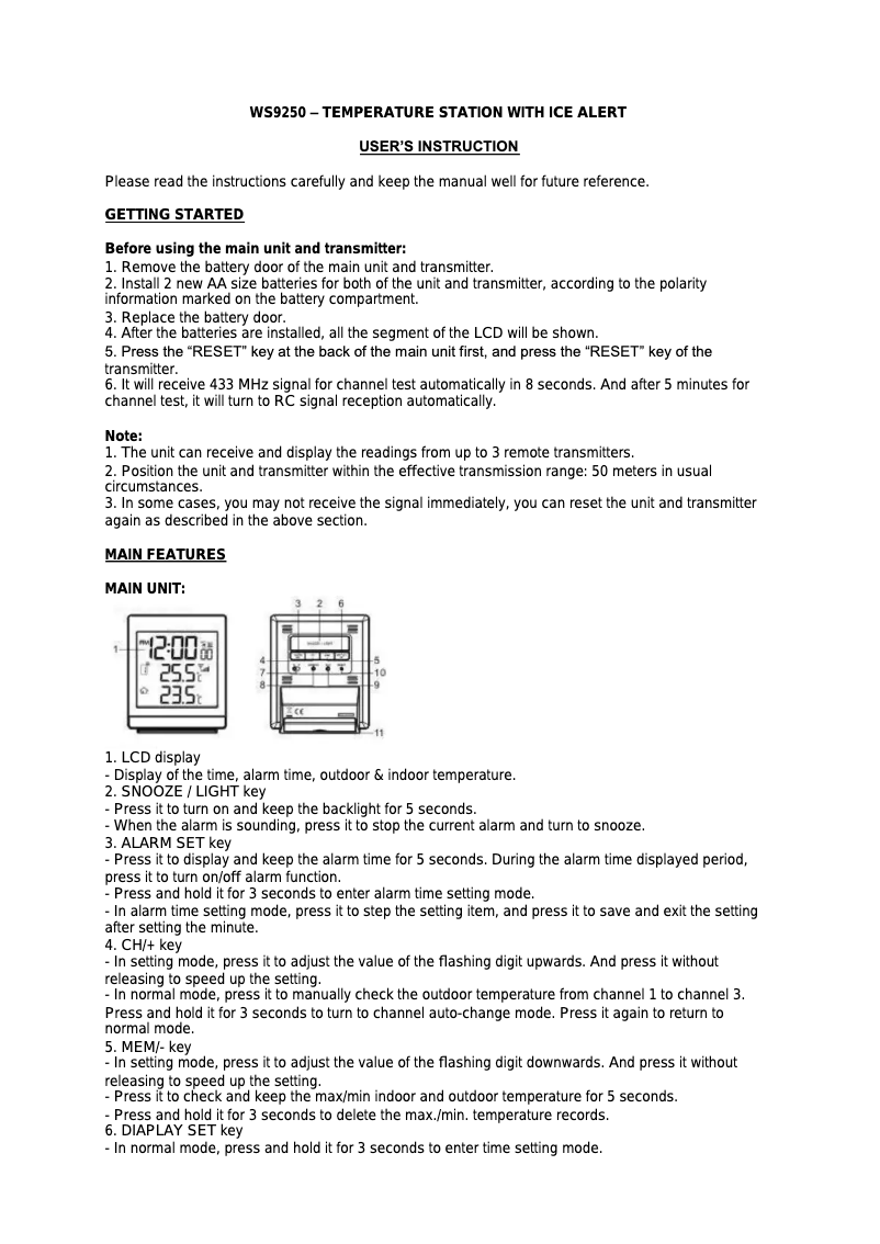 Page 1 de la notice Manuel utilisateur Techno Line WS 9250