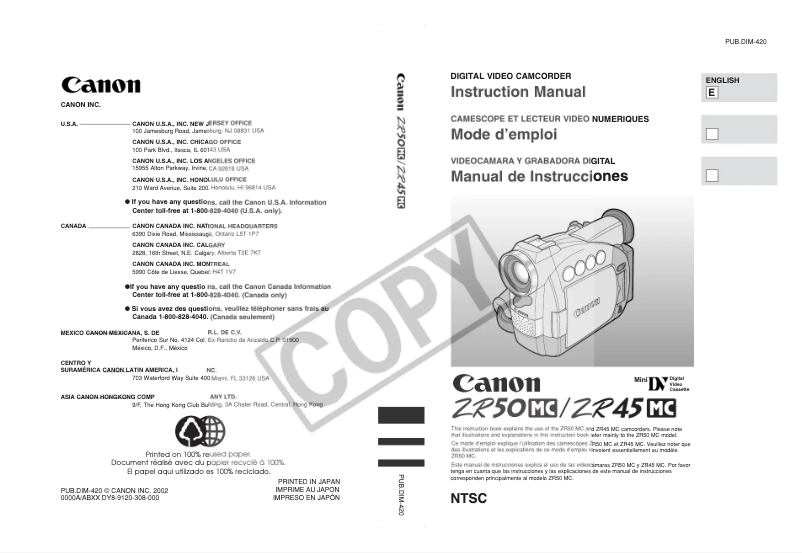Page n°1 - Manuel utilisateur Canon ZR45MC