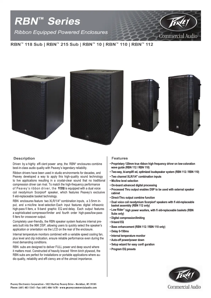 Page 1 de la notice Fiche technique Peavey RBN 215 Sub