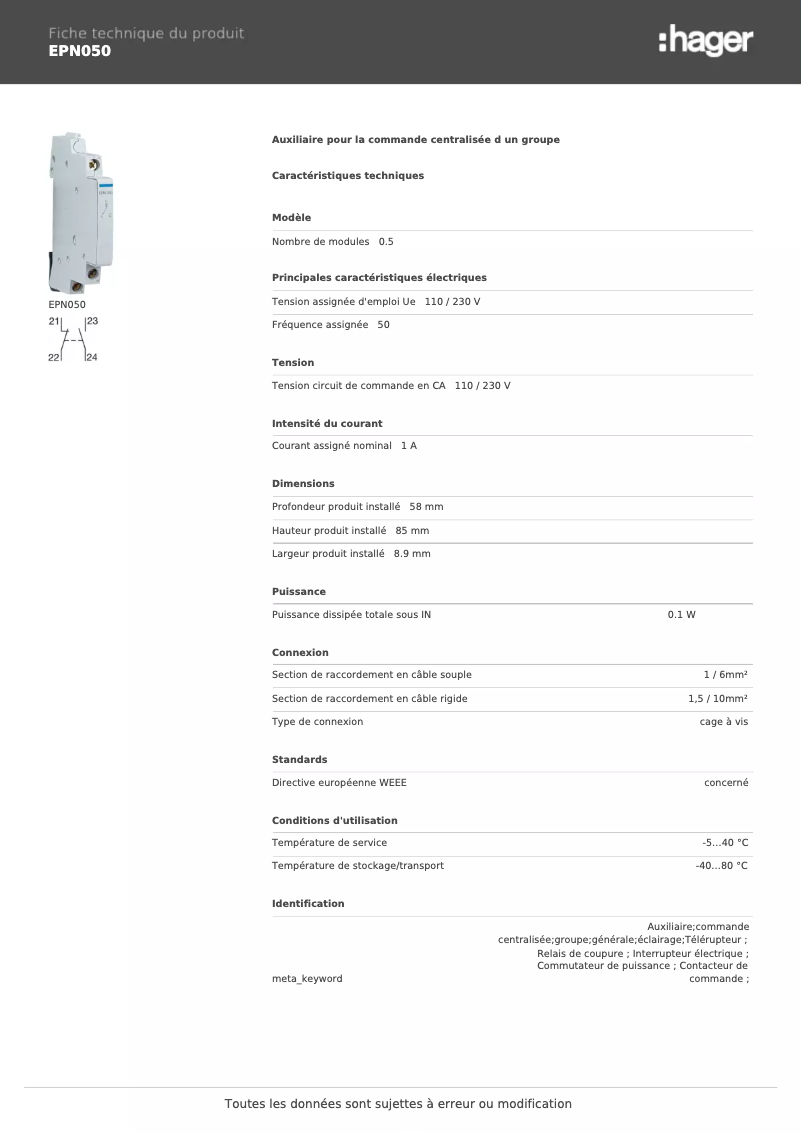 Page 1 de la notice Fiche technique Hager EPN050