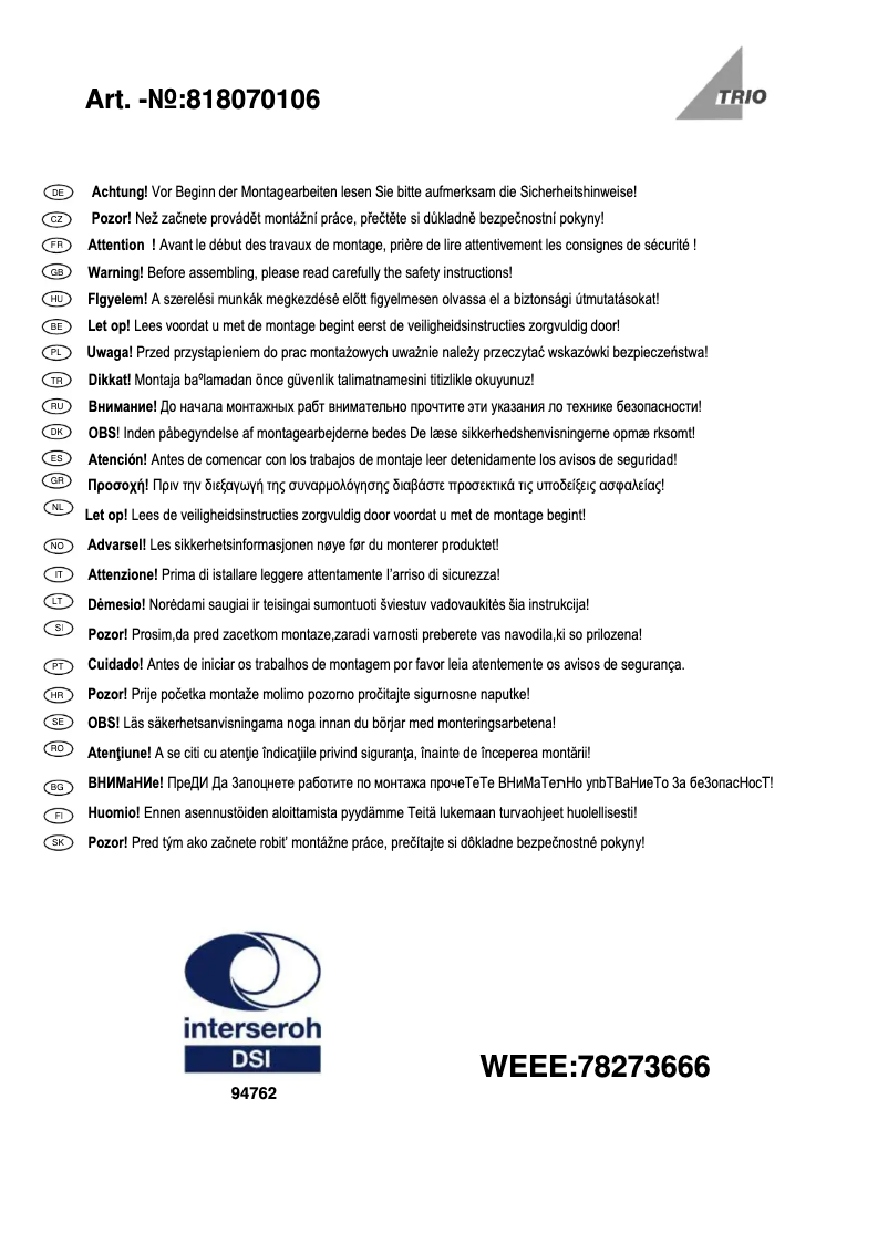 Page 1 de la notice Manuel utilisateur Trio Lighting Bowie 818070106