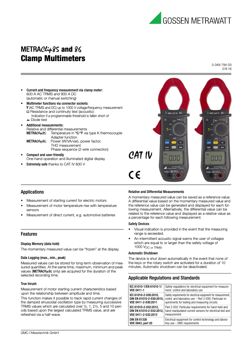 Page 1 de la notice Fiche technique Gossen Metrawatt MetraClip 85