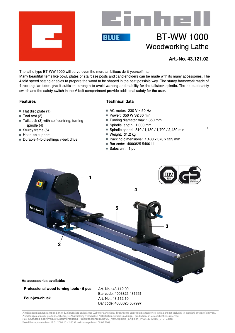Page 1 de la notice Fiche technique Einhell BT-WW 1000