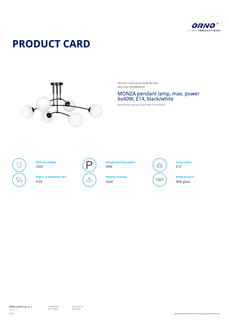 Page n°1 - Fiche technique Adviti AD-LD-6323B-WE14SM