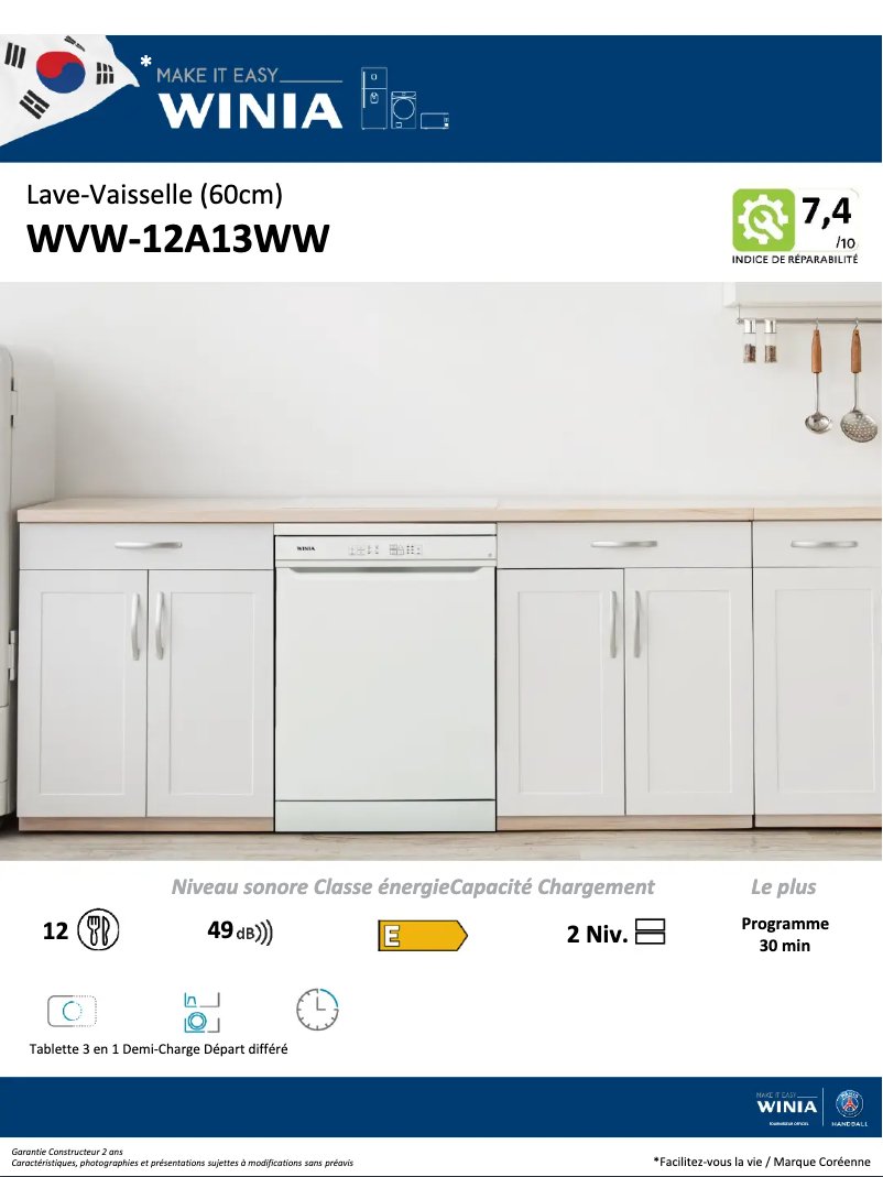 Page 1 de la notice Fiche technique Winia WVW-12A13WW