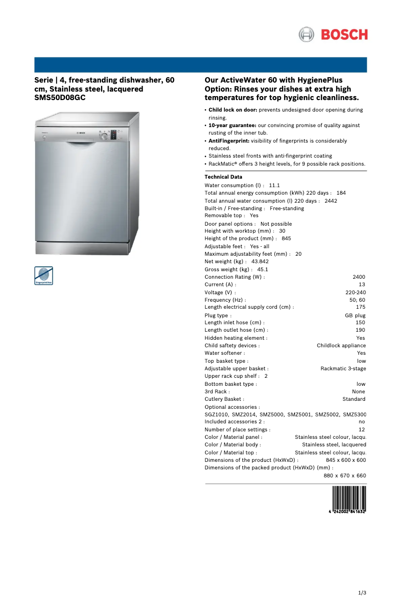 Page n°1 - Fiche technique Bosch SMS50D08GC