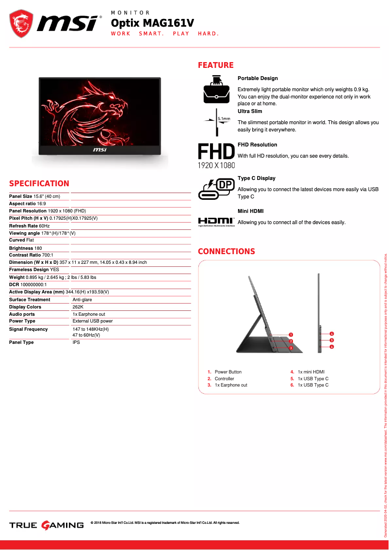 Page 1 de la notice Fiche technique MSI Optix MAG161V