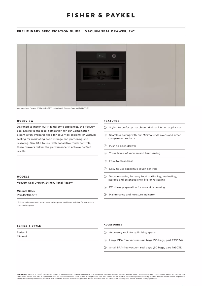 Page 1 de la notice Fiche technique Fisher & Paykel VB24SMB1-SET