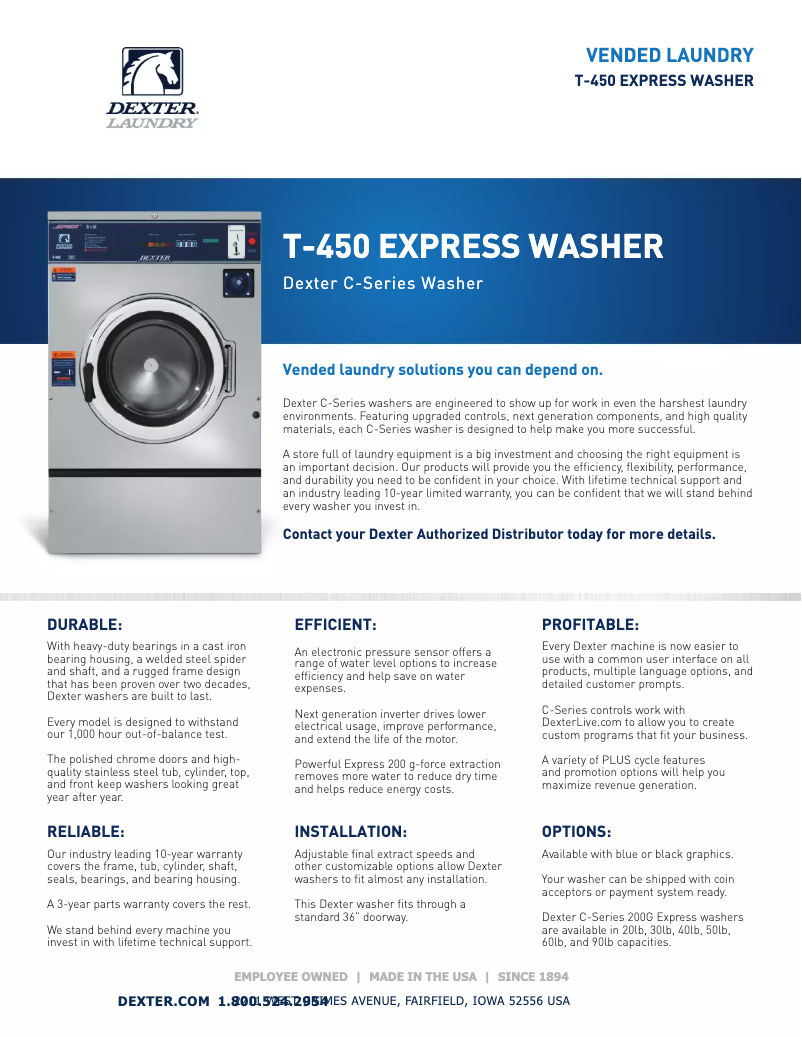 Page 1 de la notice Fiche technique Dexter Laundry T-450 Express