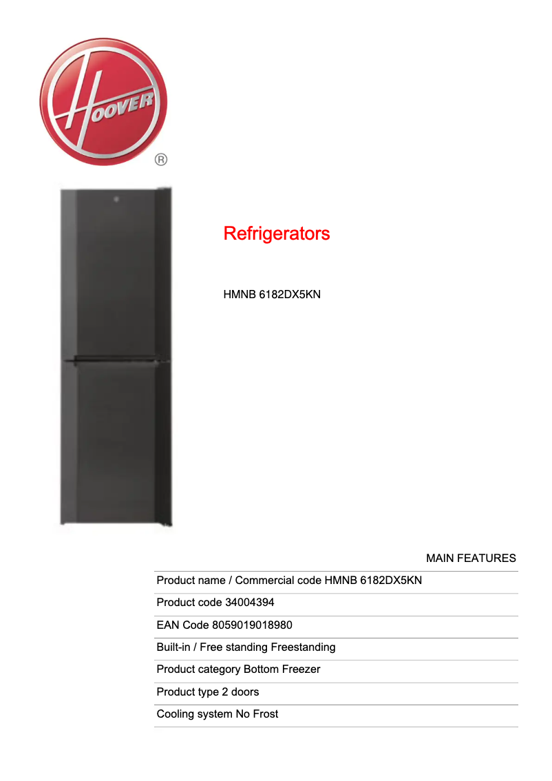 Page n°1 - Fiche technique Hoover HMNB 6182DX5KN