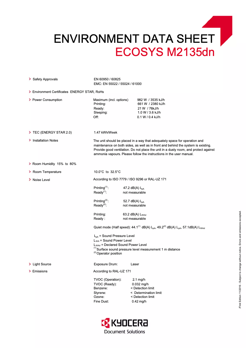 Page n°1 - Fiche technique Kyocera ECOSYS M2135dn