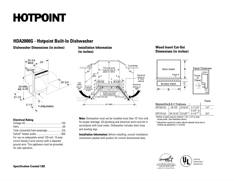 Page 1 de la notice Fiche technique Hotpoint HDA2000GBB