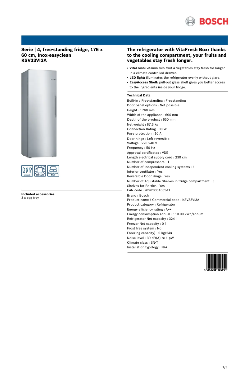 Page n°1 - Fiche technique Bosch KSV33VI3A