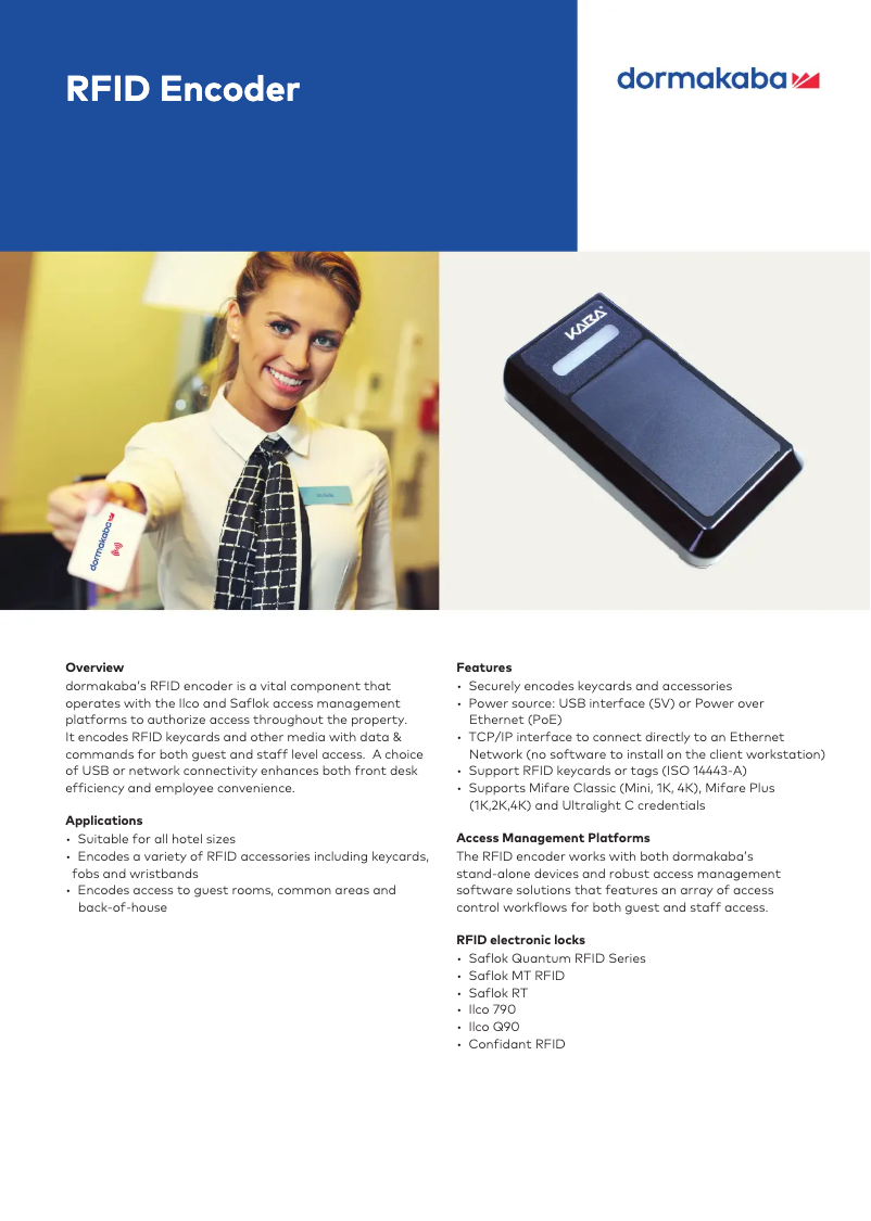 Page 1 de la notice Fiche technique Dormakaba RFID Encoder