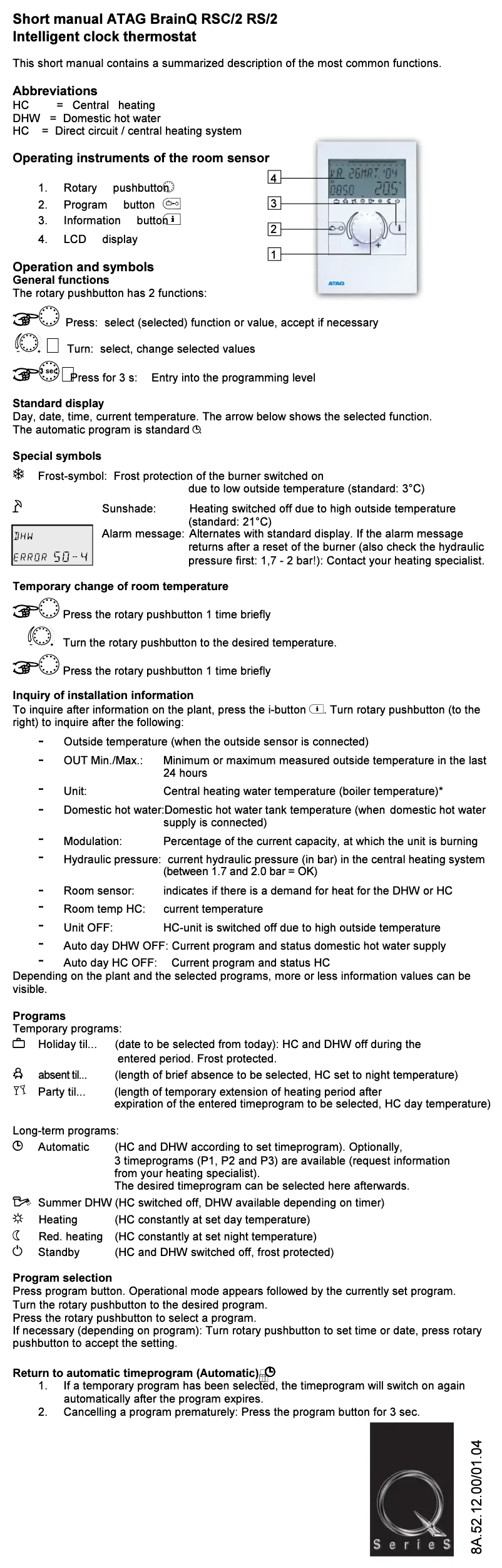 Page 1 de la notice Manuel utilisateur Atag BrainQ RS2