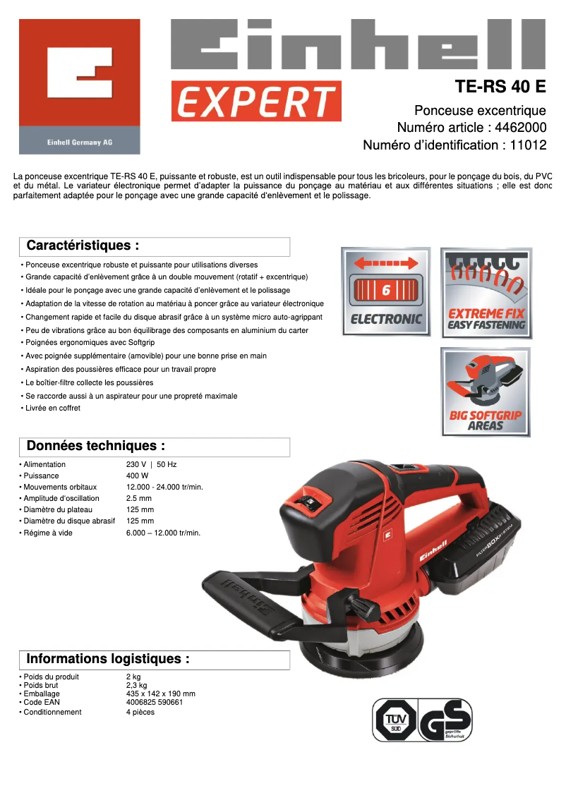 Page 1 de la notice Fiche technique Einhell TE-RS 40 E