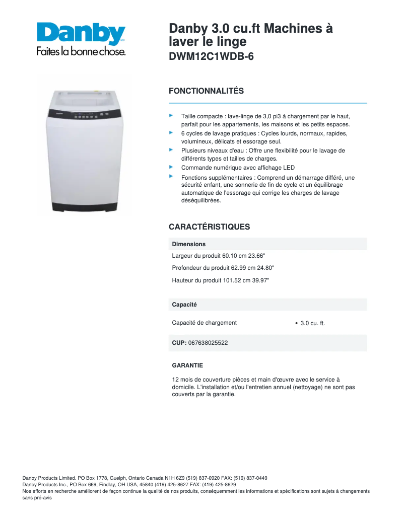 Page 1 de la notice Fiche technique Danby DWM12C1WDB-6