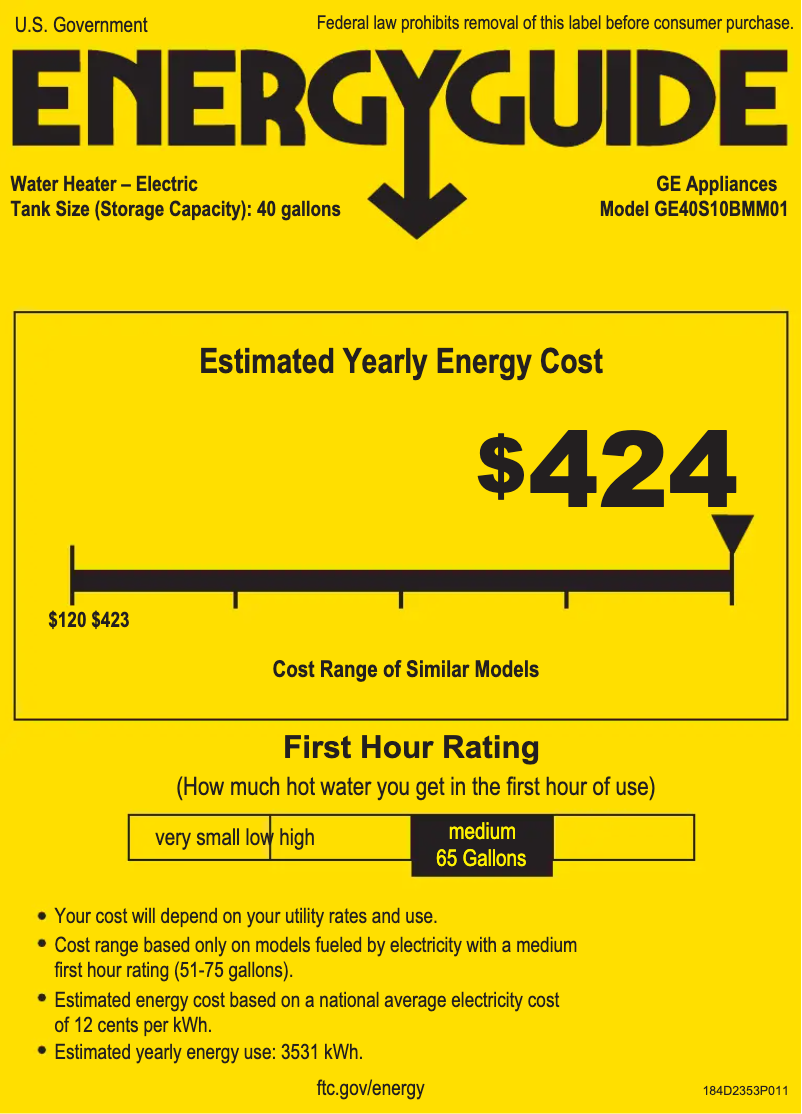 Page 1 de la notice Label énergétique GE GE40S10BMM