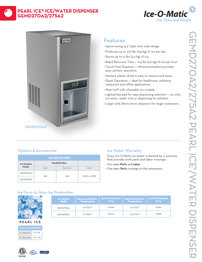 Page n°1 - Fiche technique Ice-O-Matic GEMD270A