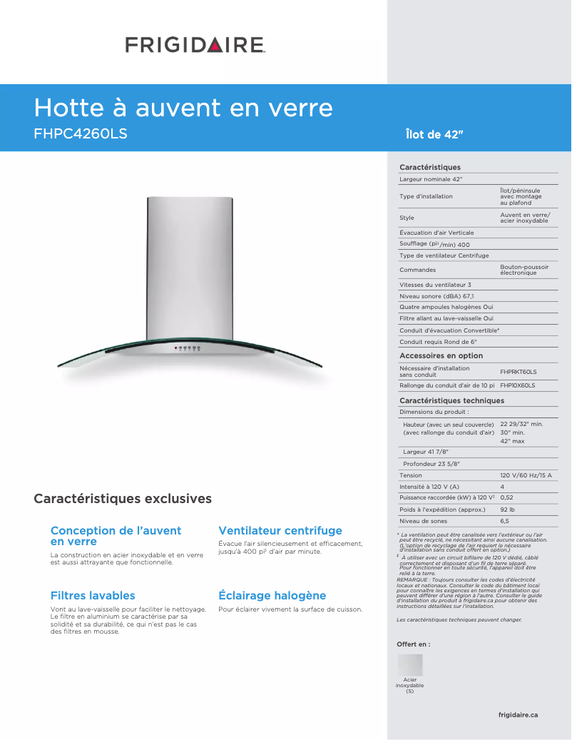 Page n°1 - Fiche technique Frigidaire FHPC4260LS