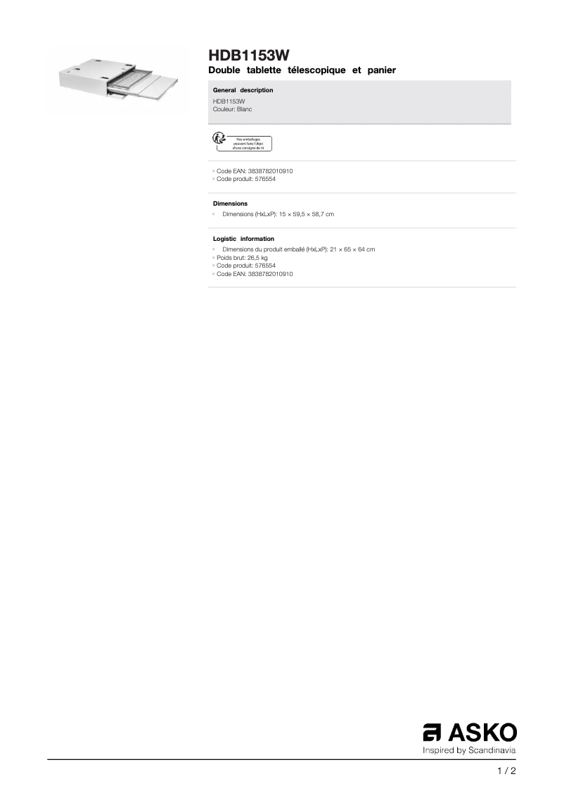 Page 1 de la notice Fiche technique Asko HDB1153W