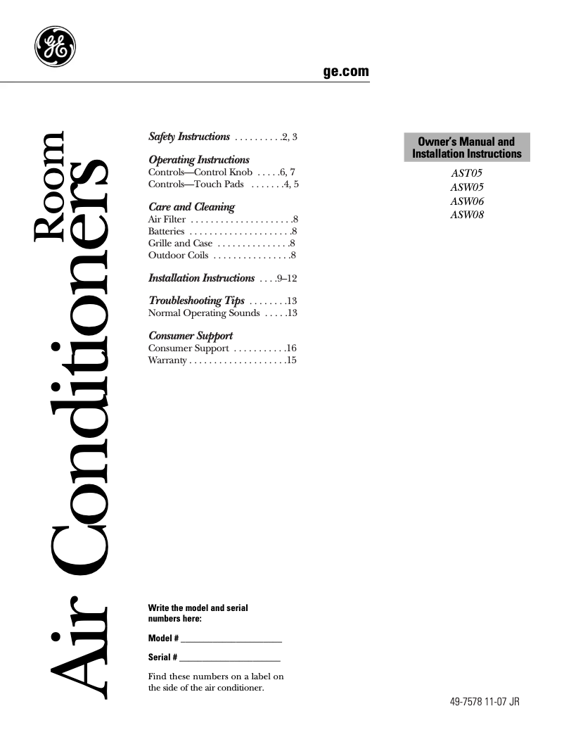 Page n°1 - Guide d'installation GE ASW08FL