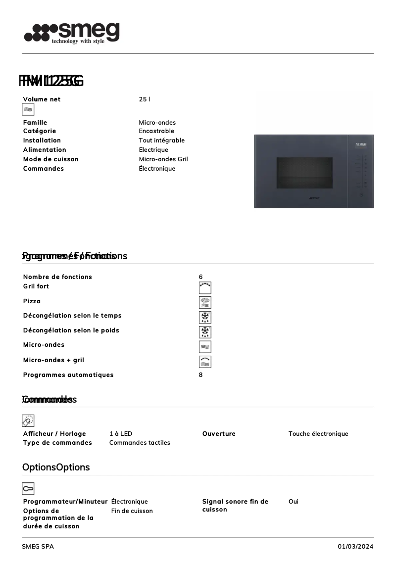 Page 1 de la notice Fiche technique Smeg FMI125G