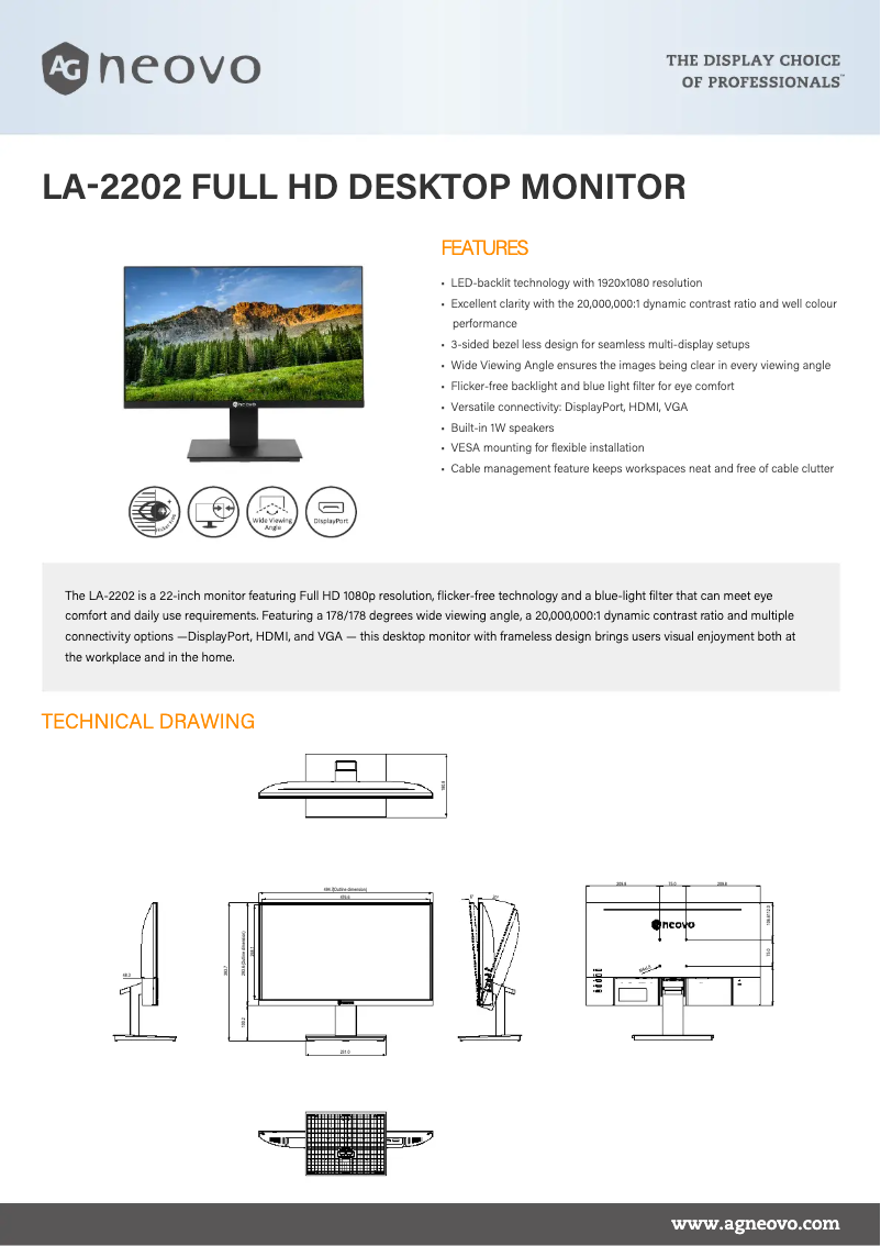 Page 1 de la notice Fiche technique AG Neovo LA-2202