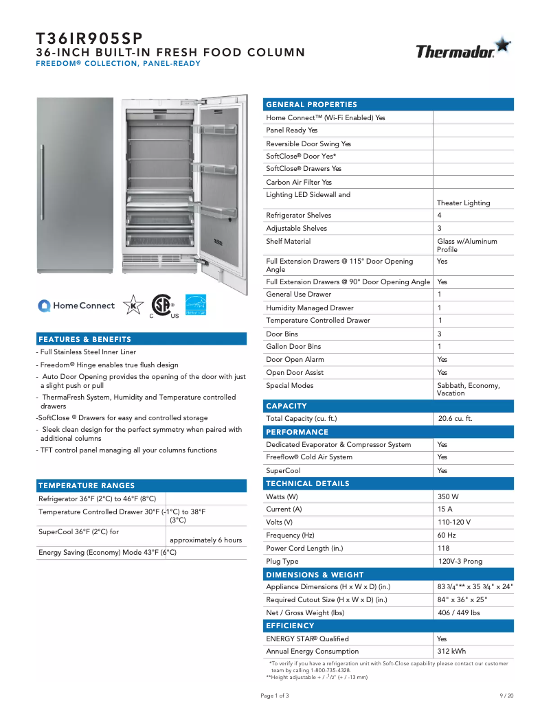 Page 1 de la notice Fiche technique Thermador T36IR905SP