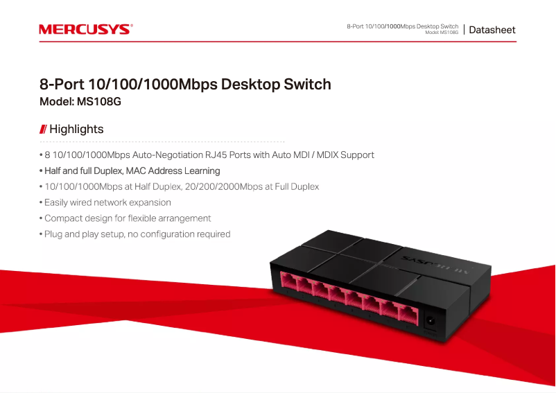 Página 1 del manual Ficha técnica Mercusys MS108G