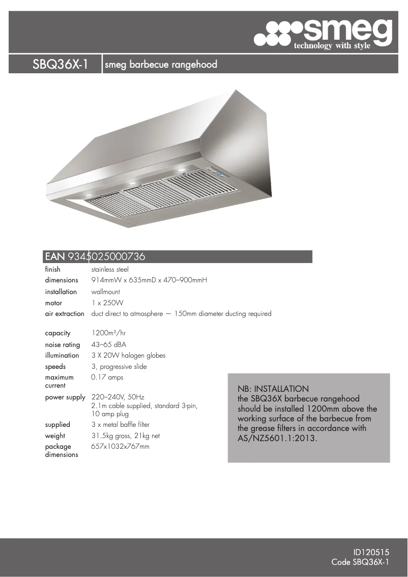 Page n°1 - Fiche technique Smeg SBQ36X