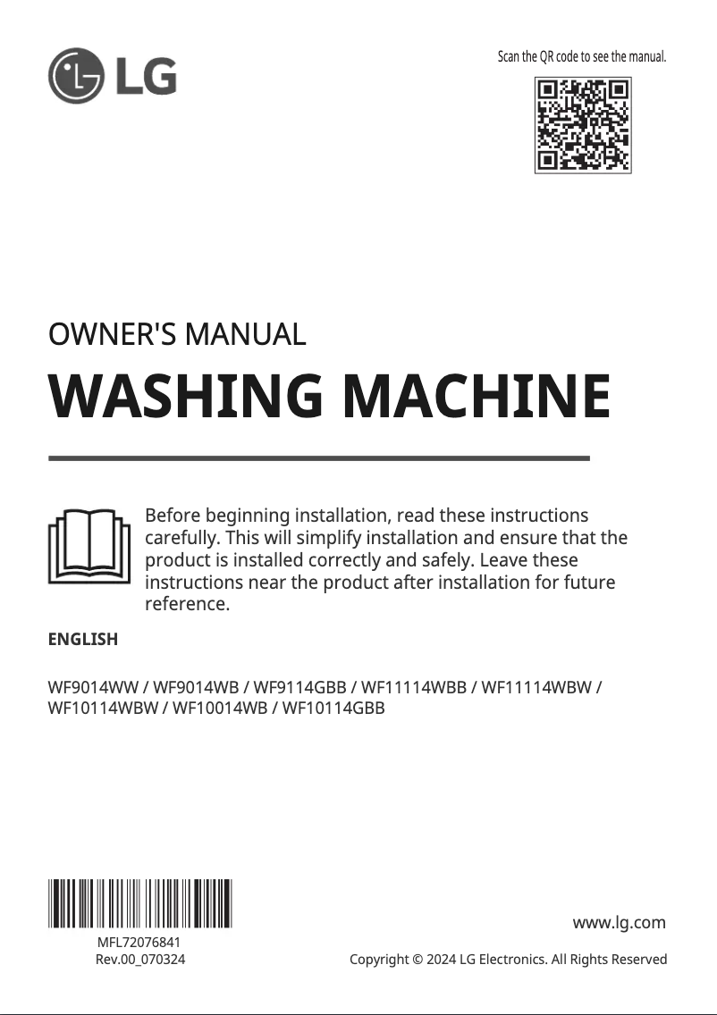 Page 1 de la notice Manuel utilisateur LG WF10114WBW