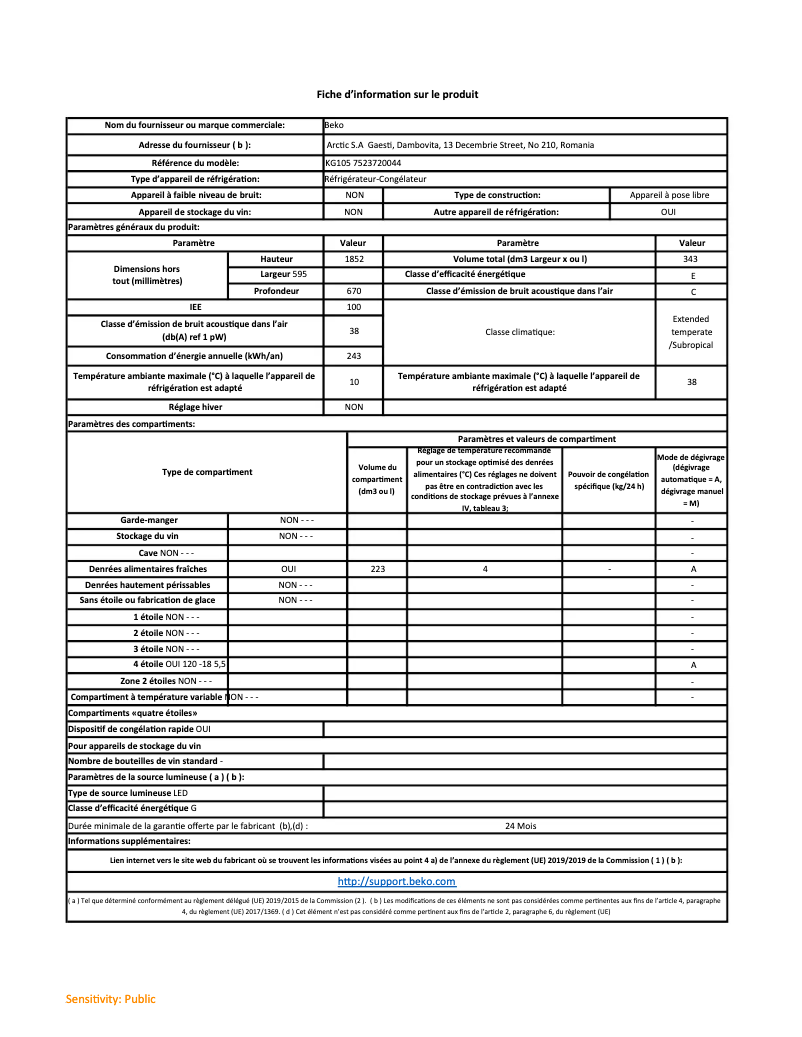 Page 1 de la notice Fiche technique Beko KG105