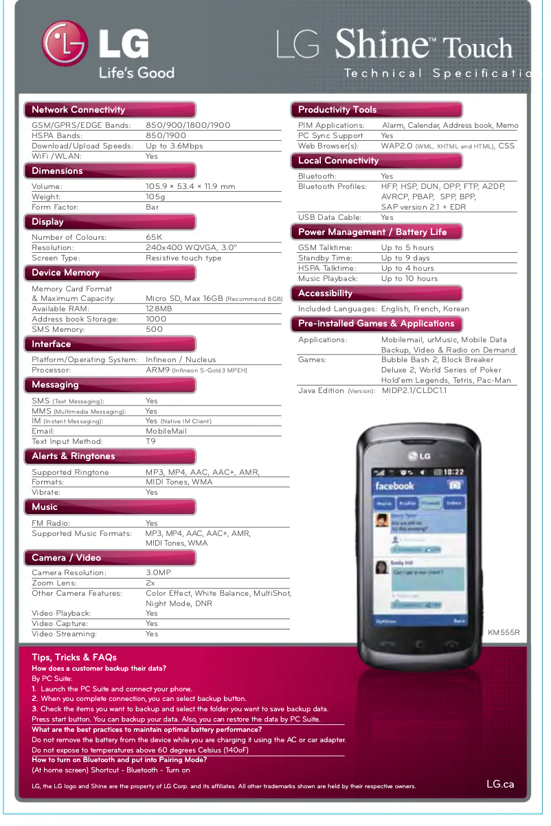 Page n°1 - Fiche technique LG KM555R