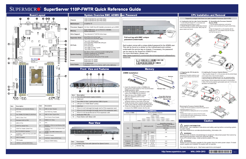 Page 1 de la notice Guide de démarrage rapide Supermicro SuperServer SYS-110P-FWTR